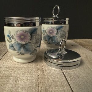 Royal Worcester Egg Coddlers Set of 2 Woodland Pattern Porcelain Chrome Lid